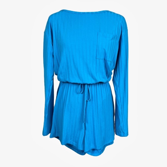 Pants - RIBBED LONG SLEEVE ROMPER MEDIUM IN BLUE DRAWSTRING WAIST KEYHOLE BACK M7J753